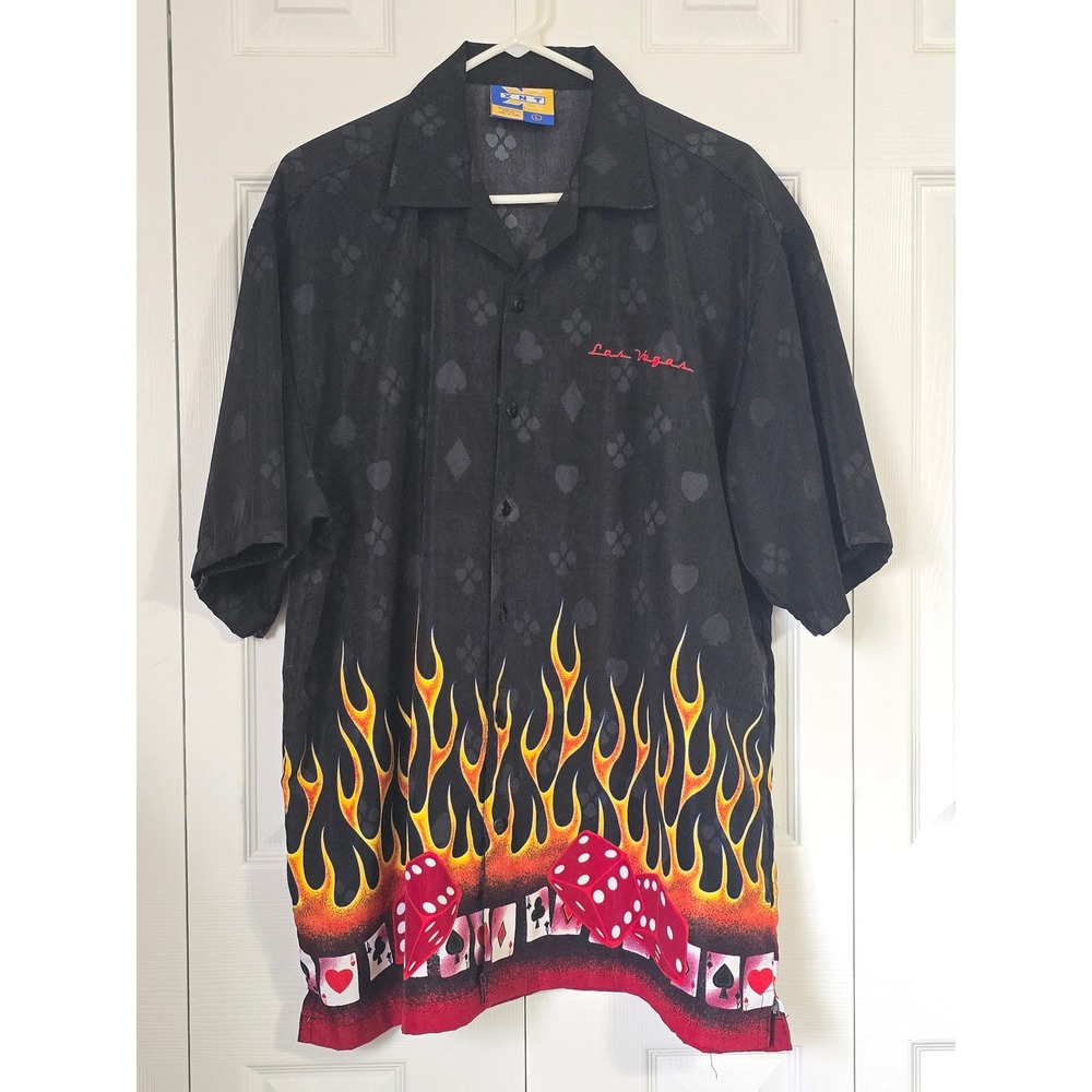 Vintage XNT Las Vegas Flame Dice Playing Cards Button Up Shirt Black Mens Large